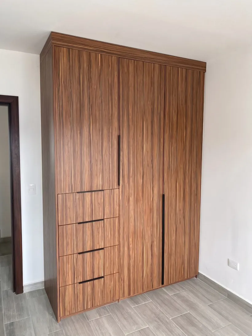 Armario de madera de piso a techo con frente de tablilla vertical en Tijuana